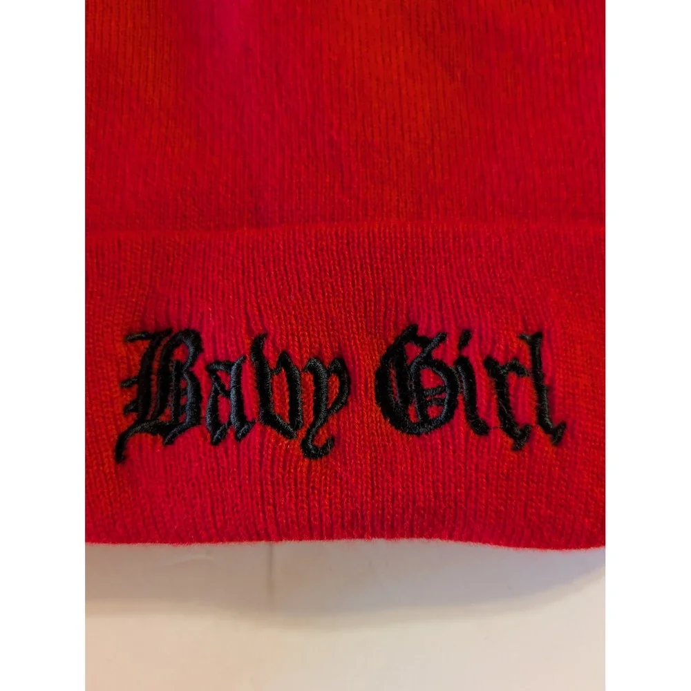 Baby Girl Gothic Embroidered Knit Beanie Red Y2K Streetwear Hat OS